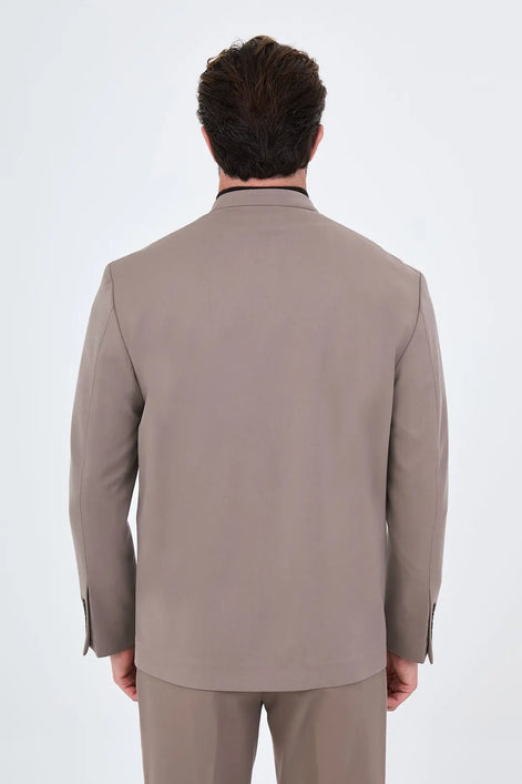 Men's Collarless Taupe Suit