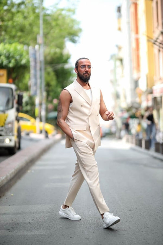 Men's Double breasted Beige Vest Suit