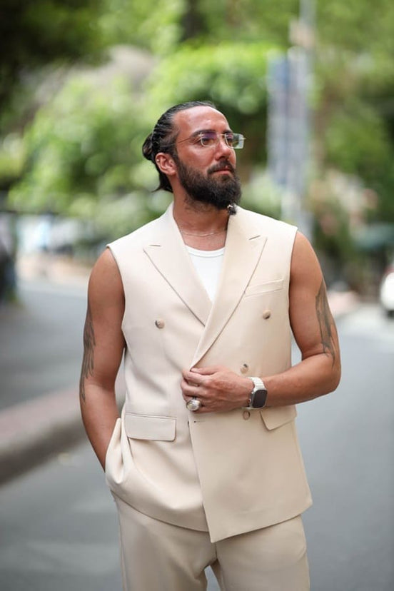 Men's Double breasted Beige Vest Suit