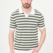Men's Green & White Horizontal Stripe Knit Polo Shirt
