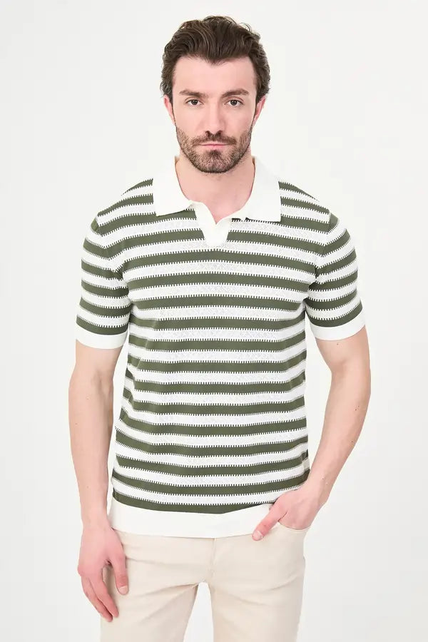 Men's Green & White Horizontal Stripe Knit Polo Shirt