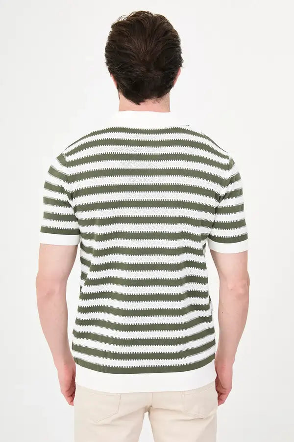 Men's Green & White Horizontal Stripe Knit Polo Shirt