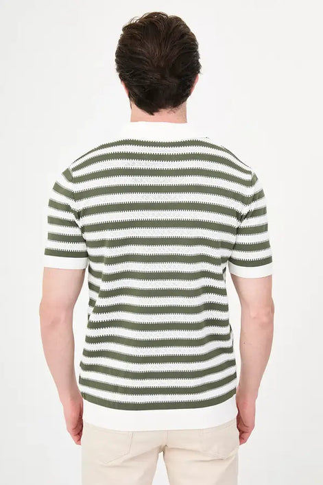 Men's Green & White Horizontal Stripe Knit Polo Shirt