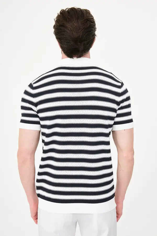 Men's Navy Blue & White Horizontal Stripe Knit Polo Shirt