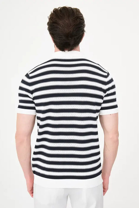 Men's Navy Blue & White Horizontal Stripe Knit Polo Shirt