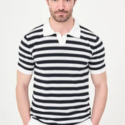 Men's Navy Blue & White Horizontal Stripe Knit Polo Shirt