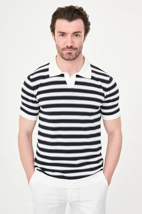 Men's Navy Blue & White Horizontal Stripe Knit Polo Shirt