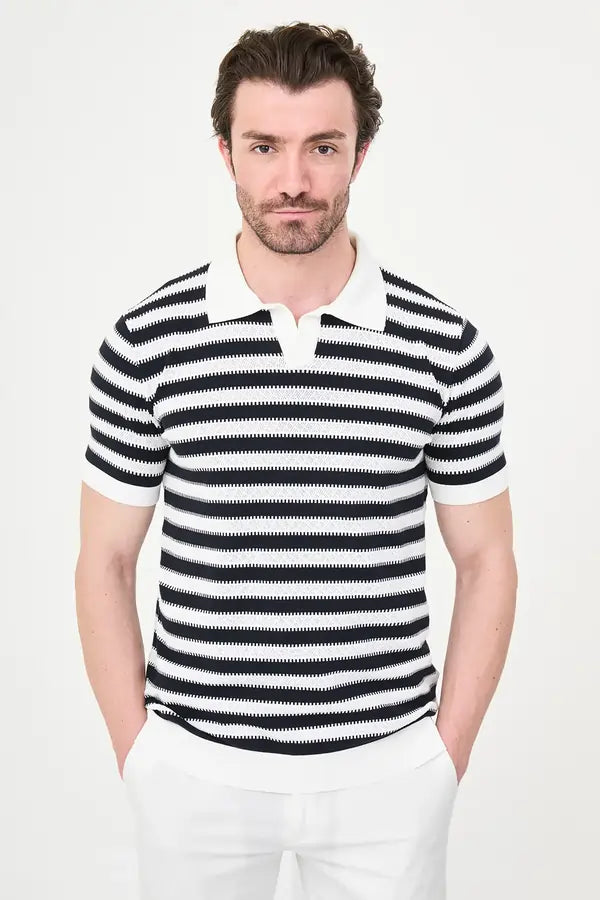 Men's Navy Blue & White Horizontal Stripe Knit Polo Shirt