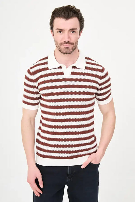 Men's Rust & White Horizontal Stripe Knit Polo Shirt