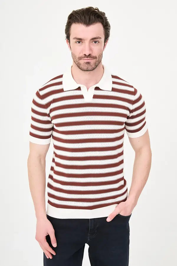 Men's Rust & White Horizontal Stripe Knit Polo Shirt