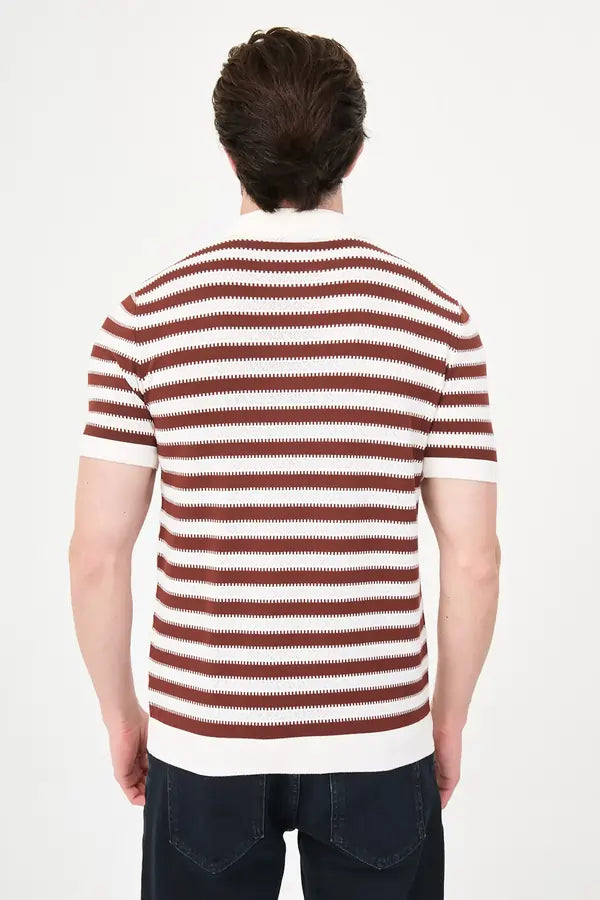 Men's Rust & White Horizontal Stripe Knit Polo Shirt