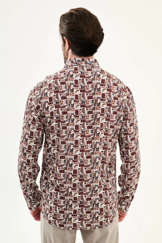 Men's Slim Fit Brown Paisley Patchwork Print Shirt