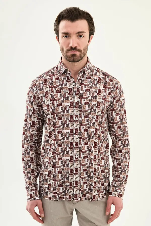 Men's Slim Fit Brown Paisley Patchwork Print Shirt