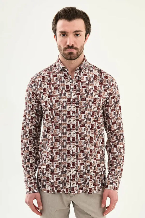 Men's Slim Fit Brown Paisley Patchwork Print Shirt