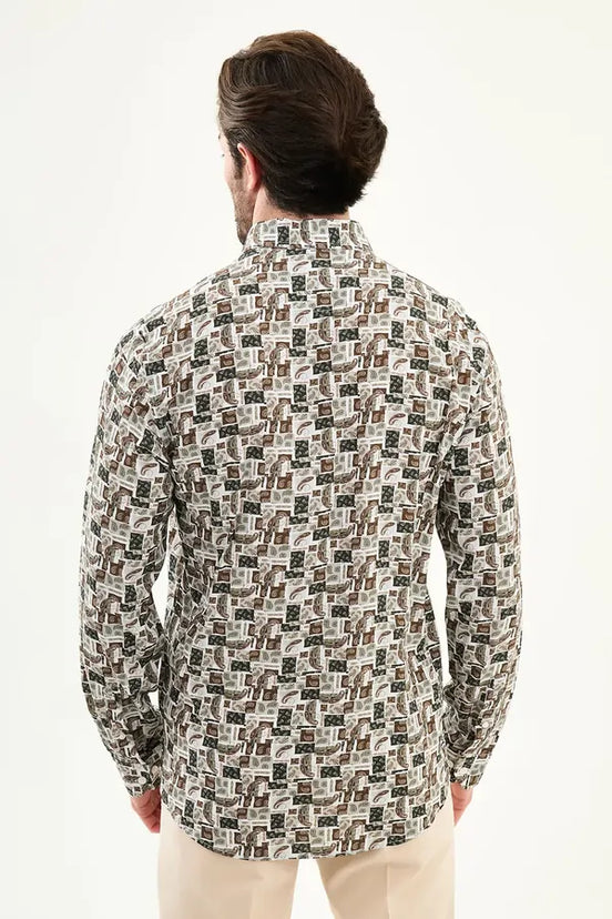 Men's Slim Fit Green Paisley Patchwork Print Shirt