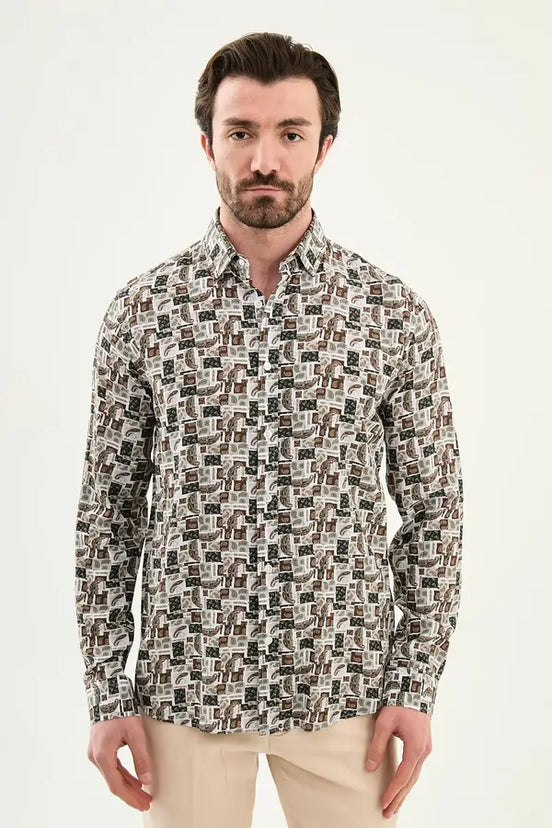 Men's Slim Fit Green Paisley Patchwork Print Shirt