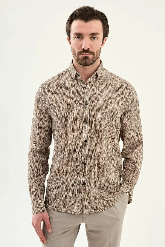 Men's Brown Slim Fit Micro Dot Button-Down Shirt