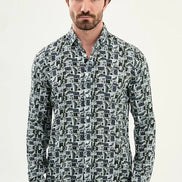 Men's Slim Fit Navy Blue Paisley Patchwork Print Shirt