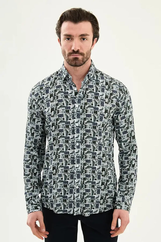 Men's Slim Fit Navy Blue Paisley Patchwork Print Shirt
