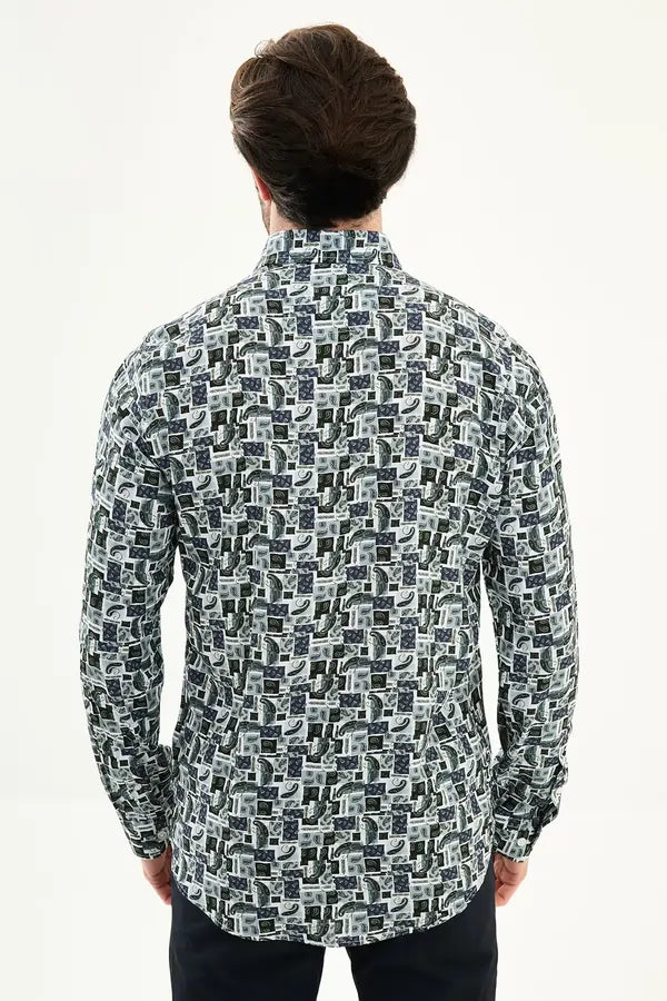 Men's Slim Fit Navy Blue Paisley Patchwork Print Shirt