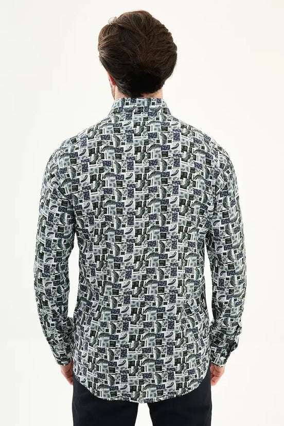 Men's Slim Fit Navy Blue Paisley Patchwork Print Shirt