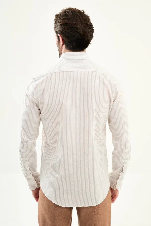 Men's Slim Fit White Beige Pinstripe Shirt
