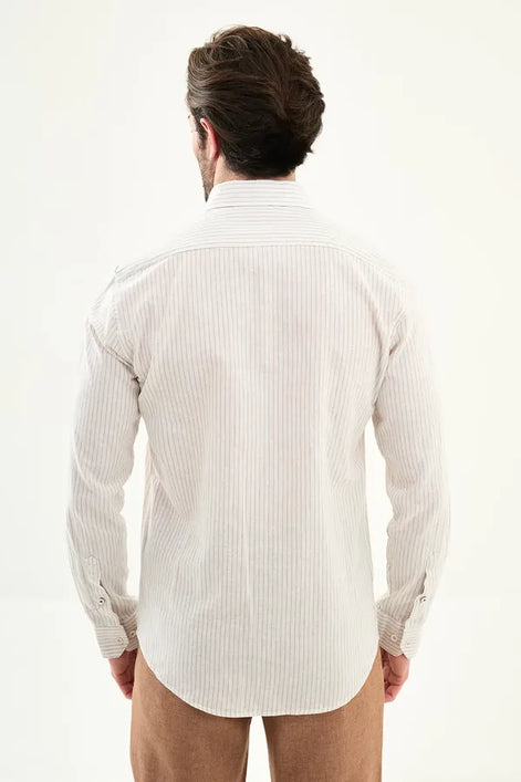 Men's Slim Fit White Beige Pinstripe Shirt