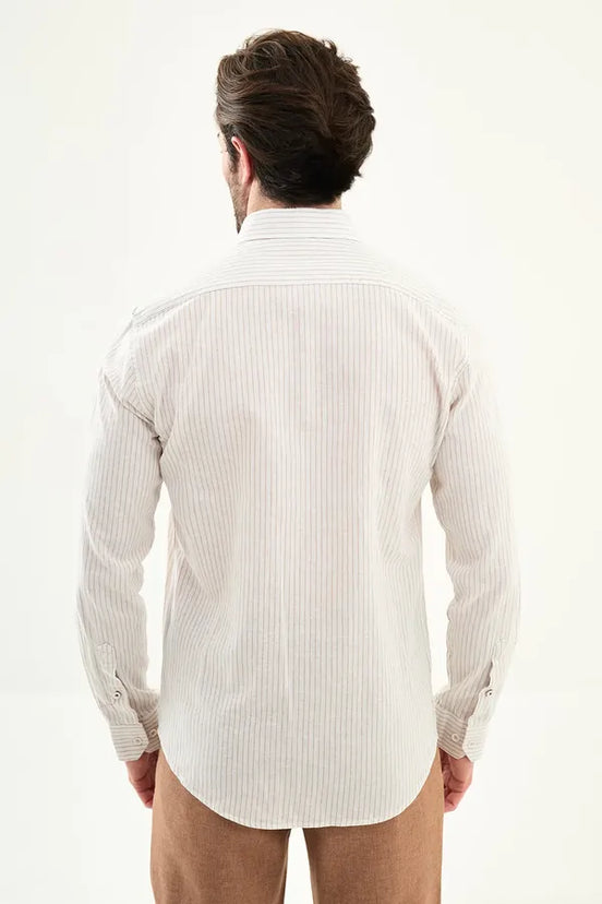 Men's Slim Fit White Beige Pinstripe Shirt