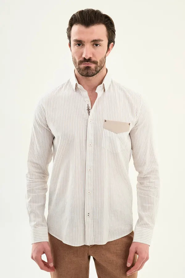 Men's Slim Fit White Beige Pinstripe Shirt