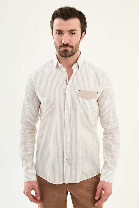 Men's Slim Fit White Beige Pinstripe Shirt