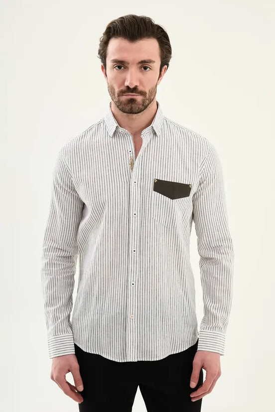 Men's Slim Fit White Black Pinstripe Shirt