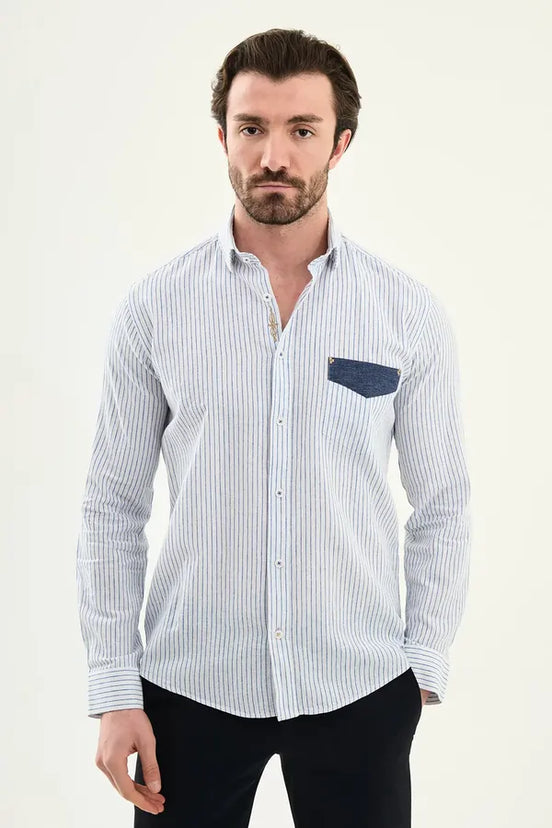 Men's Slim Fit White Blue Pinstripe Shirt