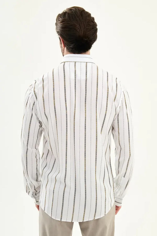 Men's Slim Fit White & Brown Vertical Stripe Shirt