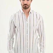 Men's Slim Fit White & Brown Vertical Stripe Shirt