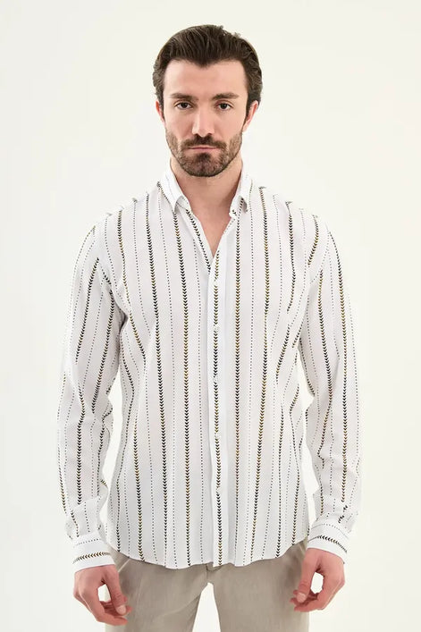 Men's Slim Fit White & Brown Vertical Stripe Shirt