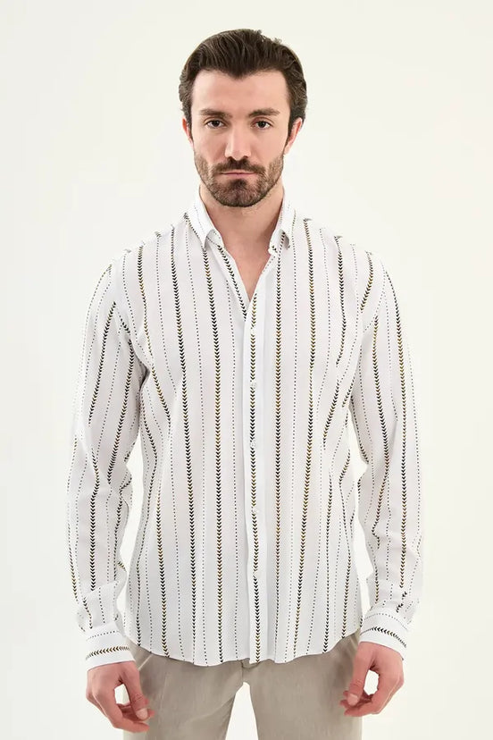 Men's Slim Fit White & Brown Vertical Stripe Shirt