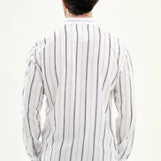 Mens Slim Fit White Navy Vertical Stripe Long Sleeve Shirt 