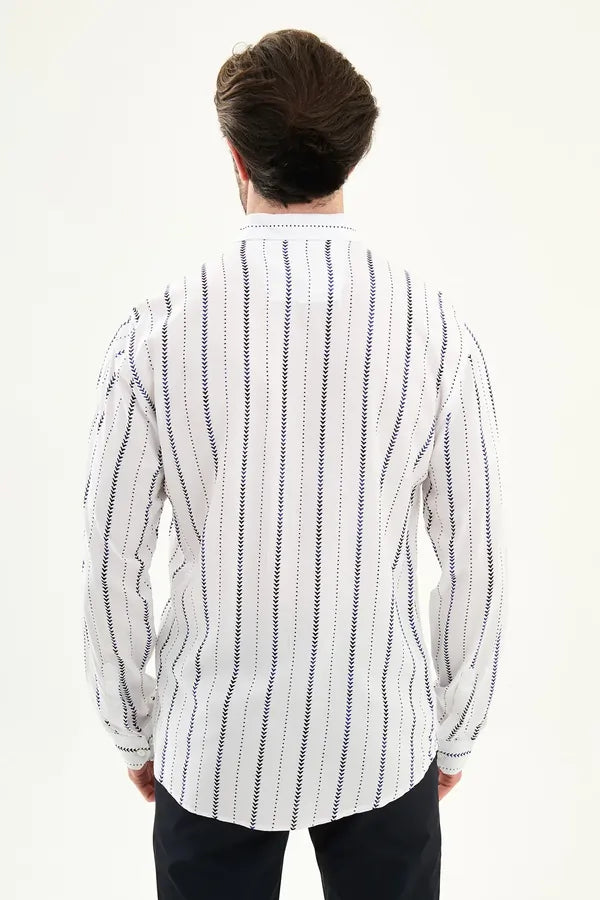 Mens Slim Fit White Navy Vertical Stripe Long Sleeve Shirt 