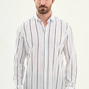 Mens Slim Fit White Navy Vertical Stripe Long Sleeve Shirt 