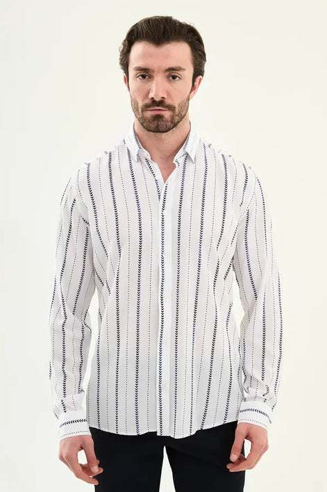 Mens Slim Fit White Navy Vertical Stripe Long Sleeve Shirt 