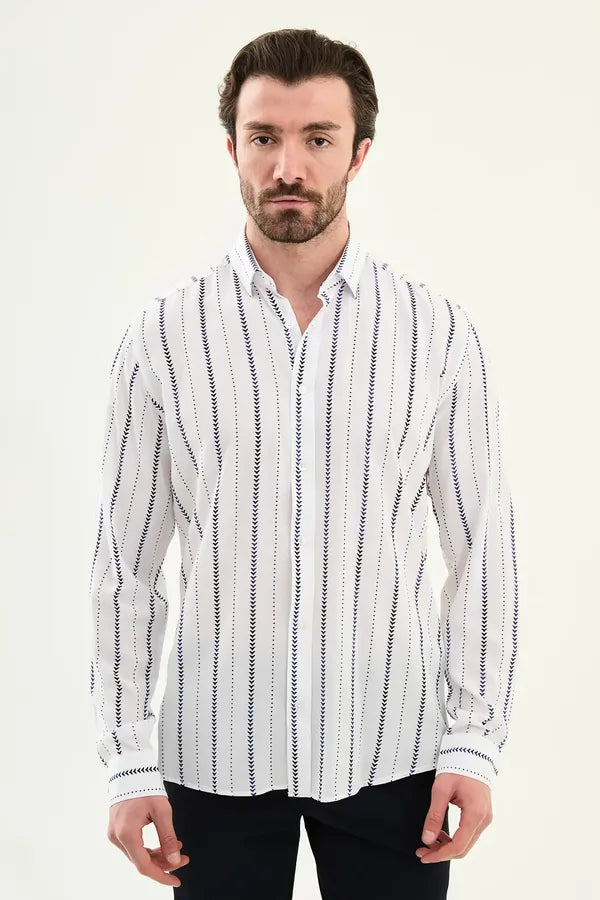 Mens Slim Fit White Navy Vertical Stripe Long Sleeve Shirt 