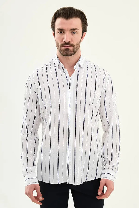 Mens Slim Fit White Navy Vertical Stripe Long Sleeve Shirt 