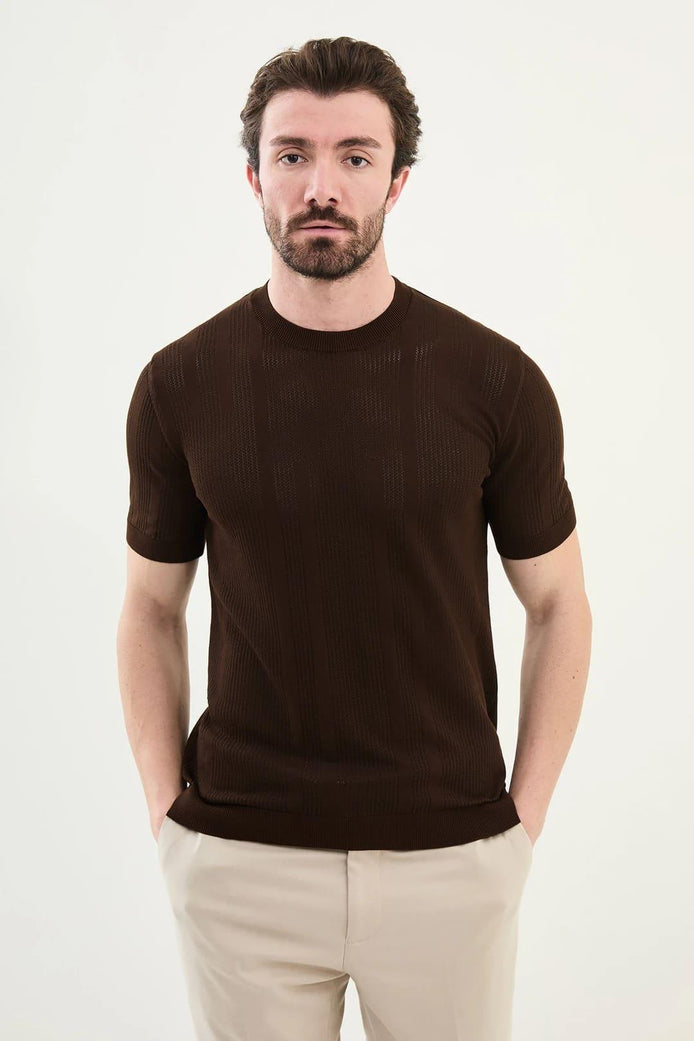 Mens Striped T Shirt Brown