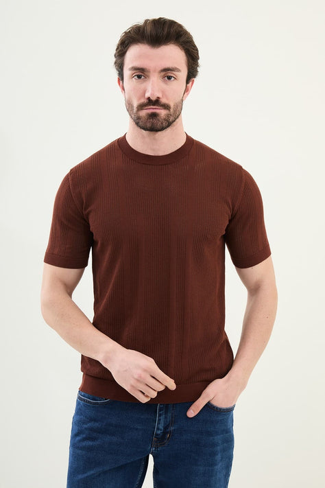 Mens Striped T Shirt Rust Brown