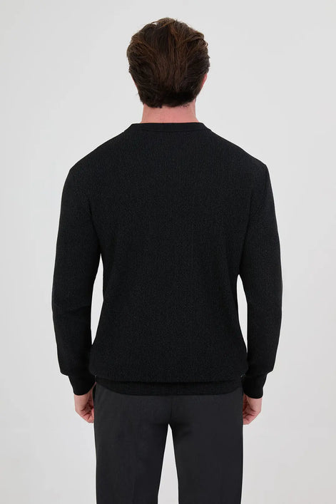 Men's Black Textured Crew Neck Sweater 