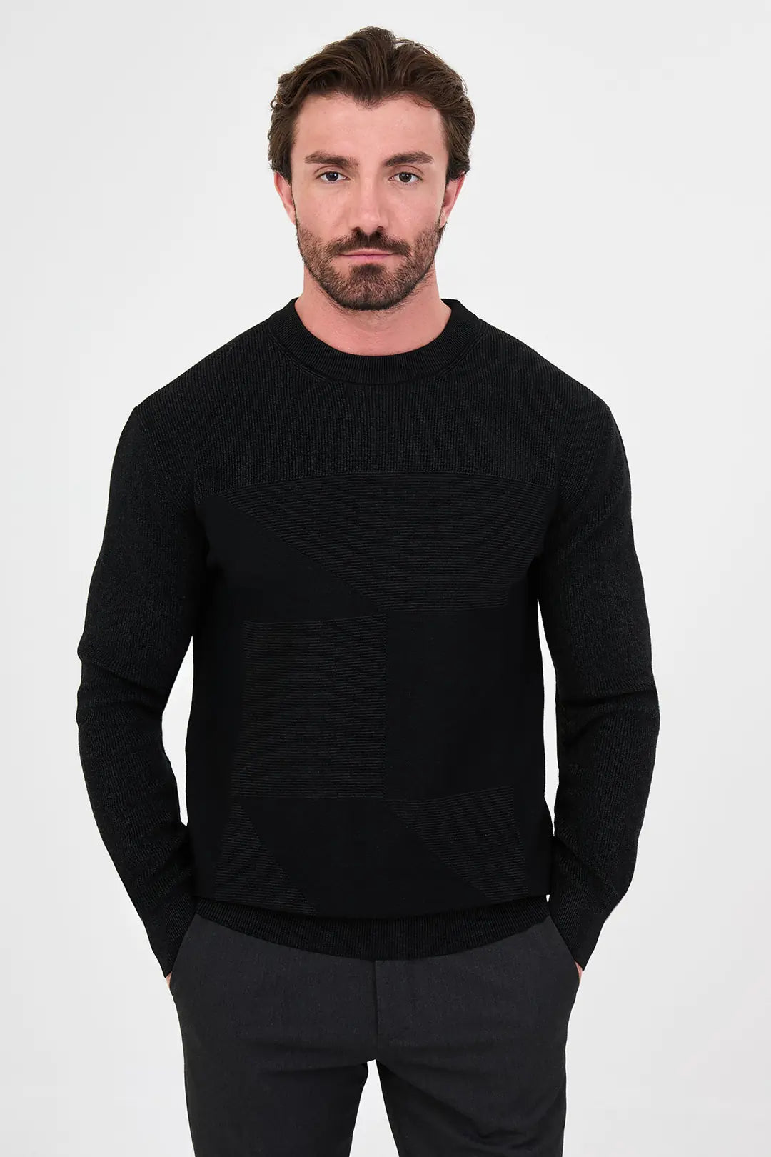 Men's Textured Black Crew Neck Sweater