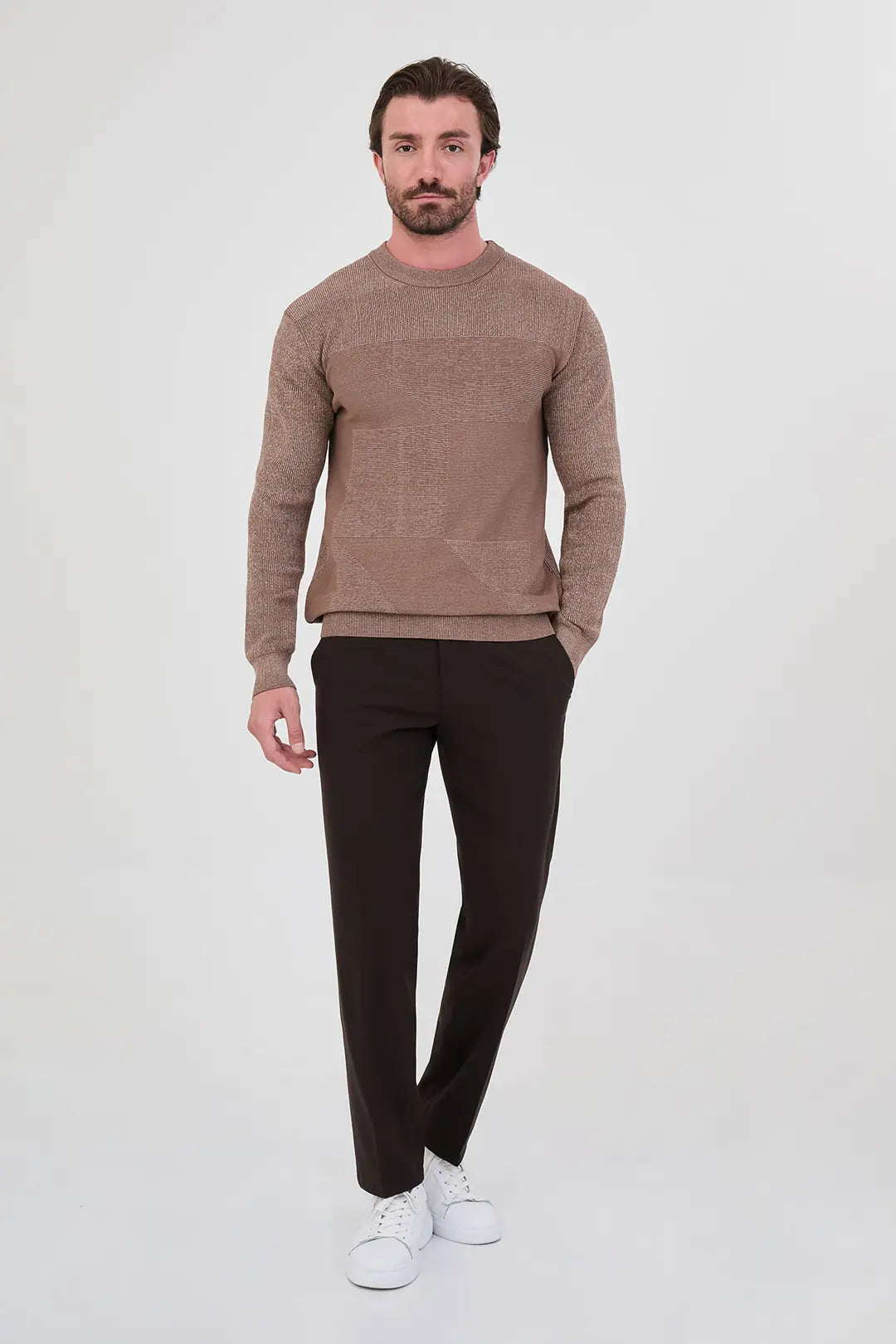 Men's Textured Brown Crew Neck Sweater