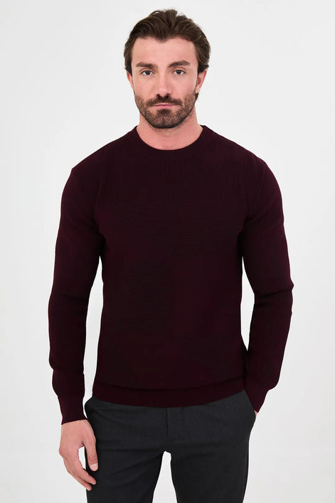 Men's Textured Crew Neck Sweater Burgundy