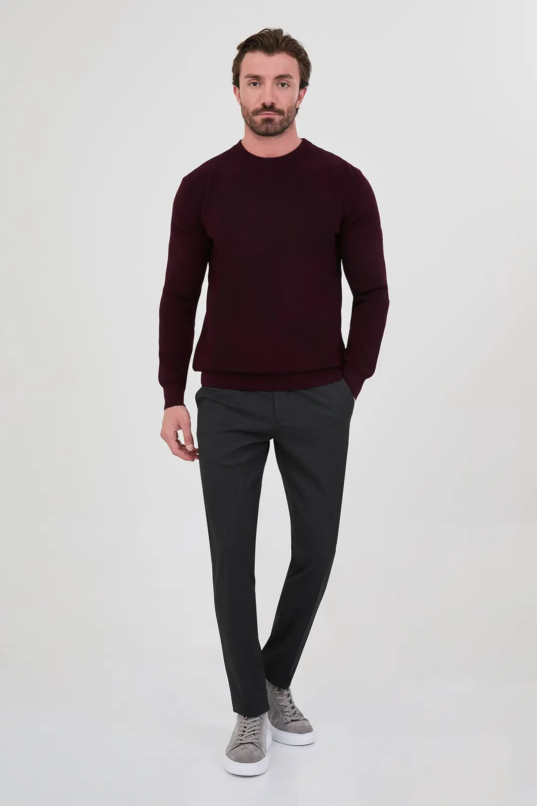 Men's Textured Crew Neck Sweater Maron