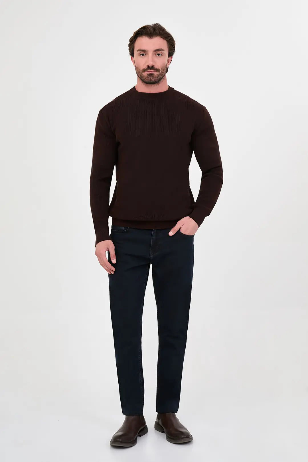 Men's Textured Crew Neck Sweater Coffee